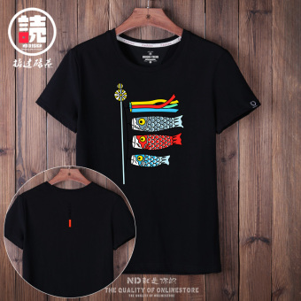 Gambar Harajuku musim panas kapas lengan pendek t shirt (Hitam ikan bendera)