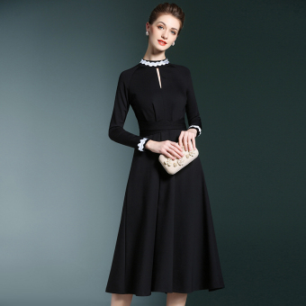 Penawaran Bagus Hepburn perempuan lengan panjang adalah style tipis hitam rok gaun (Hitam) eShop