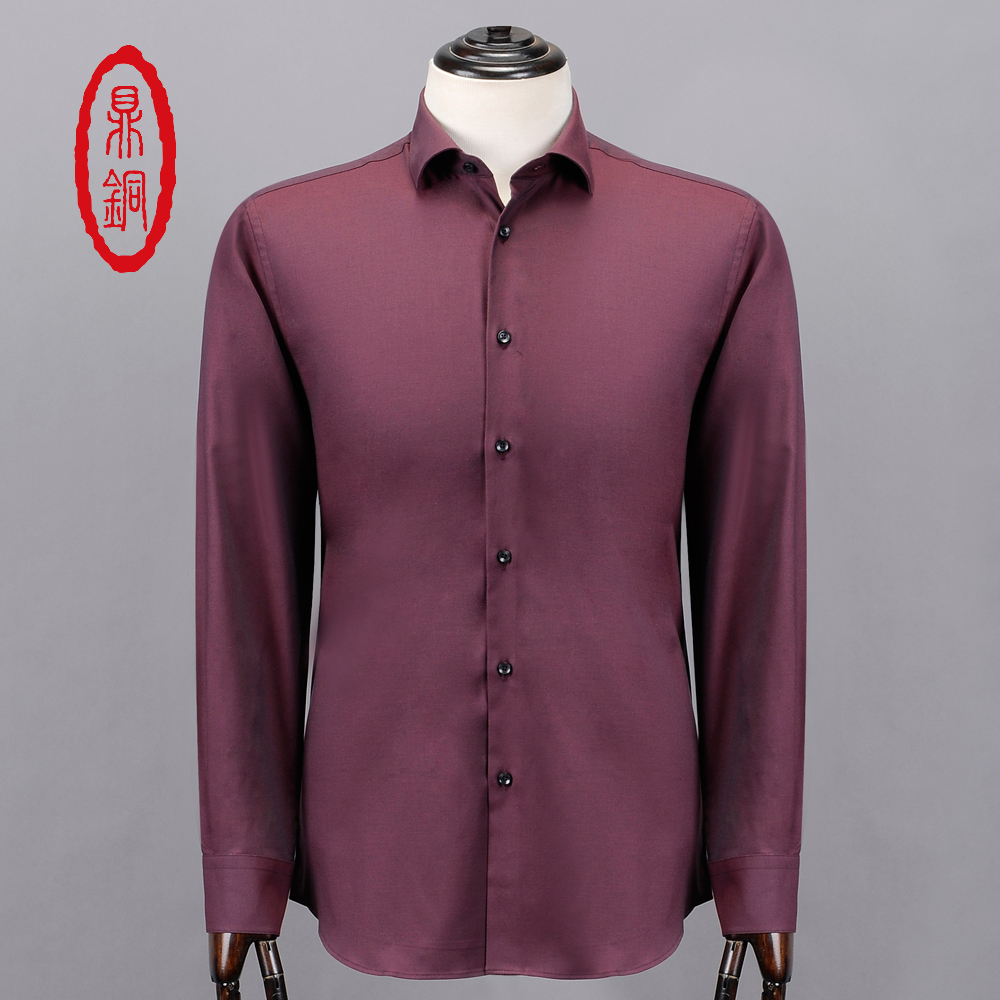 Flash Sale High-end sederhana katun warna solid laki-laki kemeja biru lengan panjang
