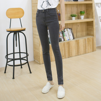Gambar Hitam stretch ketat kaki celana pensil Korea Slim celana jeans (Abu abu) (