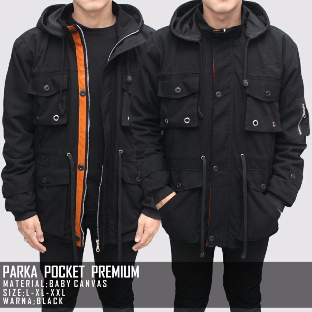 Jaket parka jumbo seven keys pocket premium pria keren - Black - Hitam