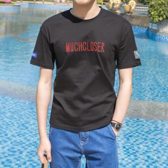 Gambar Jepang bordir leher bulat t shirt pria pria baru lengan pendek huruf t shirt (Hitam) (Hitam)