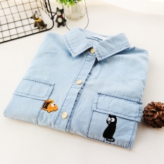 Jepang bordir saku kemeja lengan panjang (Denim biru) (Denim biru)