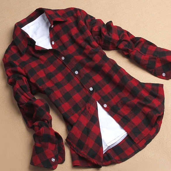 Kemeja Katun Kelepak Wanita Kasual Berkancing Atasan Blus Kemeja Flanel Kotak M ~ XXL-Intl