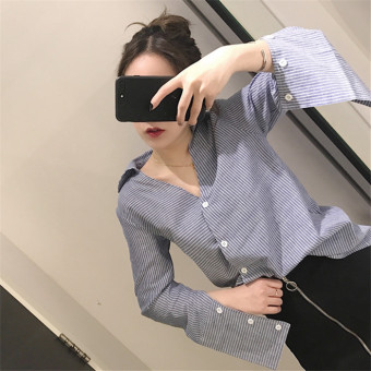 Kemeja Wanita Pendek Motif Salur Kerah V Lengan Panjang (Biru) ...