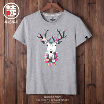 Gambar Korea Fashion Style katun laki laki lengan pendek mahasiswa t shirt (Abu abu dengan rusa ciy) (Abu abu dengan rusa ciy)