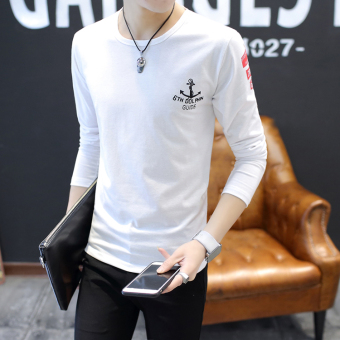 Gambar Korea Fashion Style laki laki v neck Slim bottoming kemeja t shirt (Anchor putih)