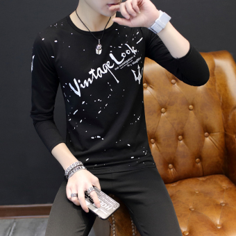 Gambar Korea Fashion Style laki laki v neck Slim bottoming kemeja t shirt (Masha hitam)