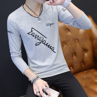 Gambar Korea Fashion Style laki laki v neck Slim bottoming kemeja t shirt (Miring huruf abu abu)