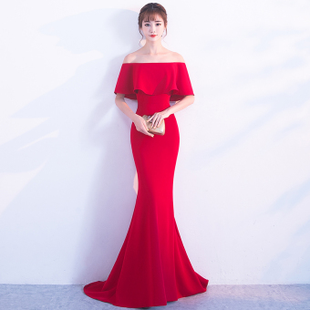 Jual Korea Fashion Style Merah Baru Musim Gugur Gaun Malam jual korea fashion style merah baru musim gugur gaun malam