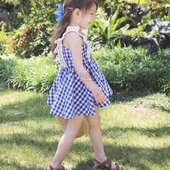 Gambar Korean Children Clothing Girls Lace Sleeve Plaid Dress Sweet Baby Fashion Kids Clothes(blue)   intl