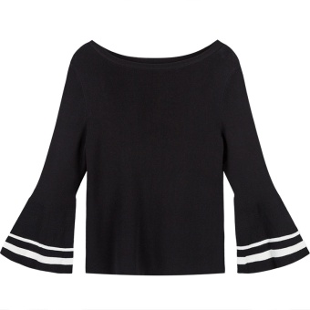 Gambar Korean style women s autumn New style LOOESN knit shirt speaker sleeves Top (Hitam)