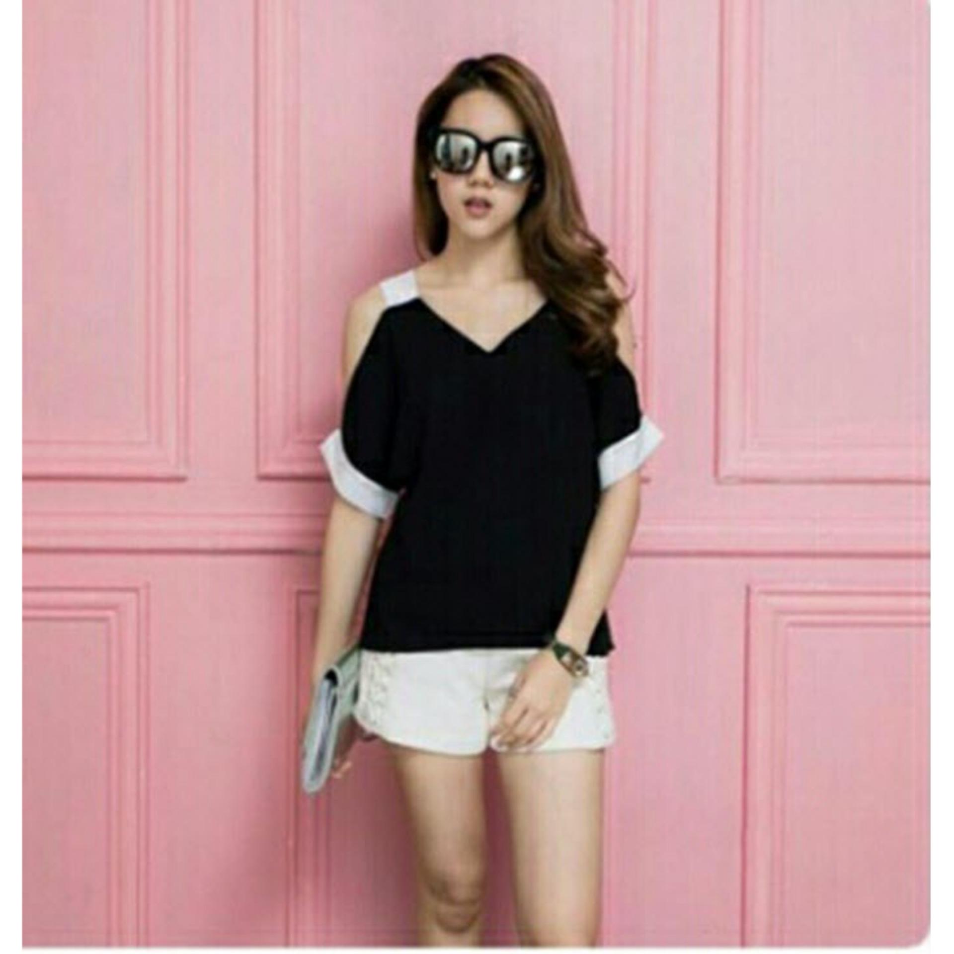 LF  Blouse Casual Sabrina Wanita Shizuka / Blouse Lengan pendek Polos / Blouse Japan Style Kasual Santai (Zukysu) NR D30 - Hitam / top atasan wanita / atasan sabrina / sabrina blouse / blouse wanita D3C