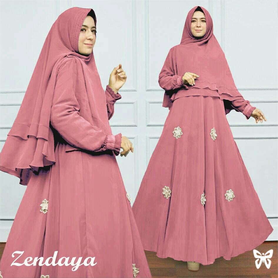 LF Gamis Syari Set 2 in 1 Bunga Tabur Zenda / Baju Muslim Wanita Syar'i / Gaun Pesta Muslimah / Maxi Dress Lengan Panjang / Hijab (NDAYAZE) SS  - MAROON