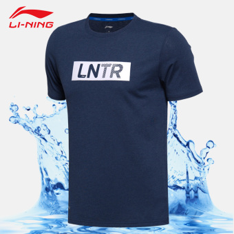 Gambar LINING Ahsm175 Merajut Cepat Kering Leher Bulat Olahraga Kasual T shirt (Bunga tinta biru abu abu) (Bunga tinta biru abu abu)
