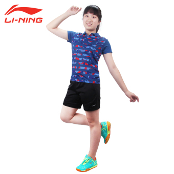Gambar Lining anak anak lengan pendek remaja celana pendek bulu tangkis pakaian (Perempuan suit K144 kamuflase biru + celana pk146)