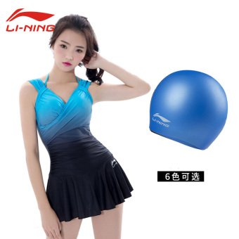 Gambar LINING busana perempuan siam gaya rok baju renang (Biru hitam baju renang + topi silikon renang) (Biru hitam baju renang + topi silikon renang)