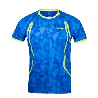 Gambar LINING Musim Semi dan Gugur untuk pria dan wanita ayat yang sama lengan pendek jersey bulu tangkis pakaian (Biru laki laki)