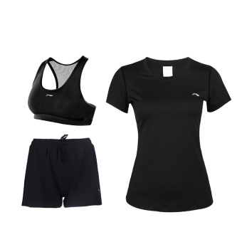 Gambar Lining pakaian Workout baru perempuan legging cepat kering pakaian (Tiga potong hitam lengan pendek + hitam Bra)
