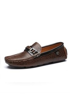 Gambar Loafers pria kasual mode sepatu kulit buaya asli Korea pola sepatupria slip pada (Coklat) (Export) (International)