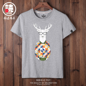 Gambar Longgar Jepang Rusa Katun Lengan Pendek T shirt (Abu abu Pak Rusa CIW) (Abu abu Pak Rusa CIW)