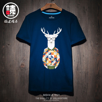 Gambar Longgar Jepang Rusa Katun Lengan Pendek T shirt (Biru tua Pak Rusa CIW) (Biru tua Pak Rusa CIW)