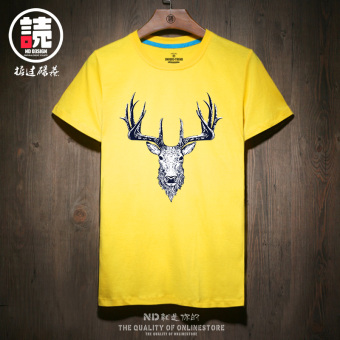 Gambar Longgar Jepang Rusa Katun Lengan Pendek T shirt (Kuning rusa dinding ciu) (Kuning rusa dinding ciu)