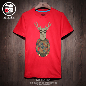 Gambar Longgar Jepang Rusa Katun Lengan Pendek T shirt (Merah mr. rusa retro cix) (Merah mr. rusa retro cix)