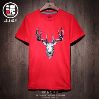 Gambar Longgar Jepang Rusa Katun Lengan Pendek T shirt (Merah rusa dinding ciu) (Merah rusa dinding ciu)