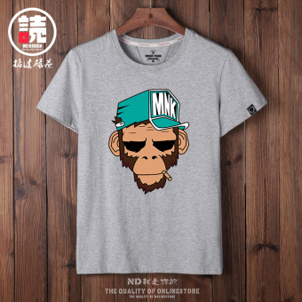 Gambar Longgar Katun Jepang Laki laki Lengan Pendek Pria T shirt (Abu abu monyet topi Cie) (Abu abu monyet topi Cie)