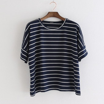 Longgar Korea Fashion Style katun mahasiswa kemeja bottoming tipis bergaris horisontal t-shirt (Biru