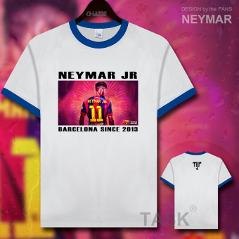 Gambar Ma Er neymar11 katun pakaian sepak bola lengan pendek penuh kasih kemeja t shirt (Hit warna kerah biru safir warna tepi hitam kata)