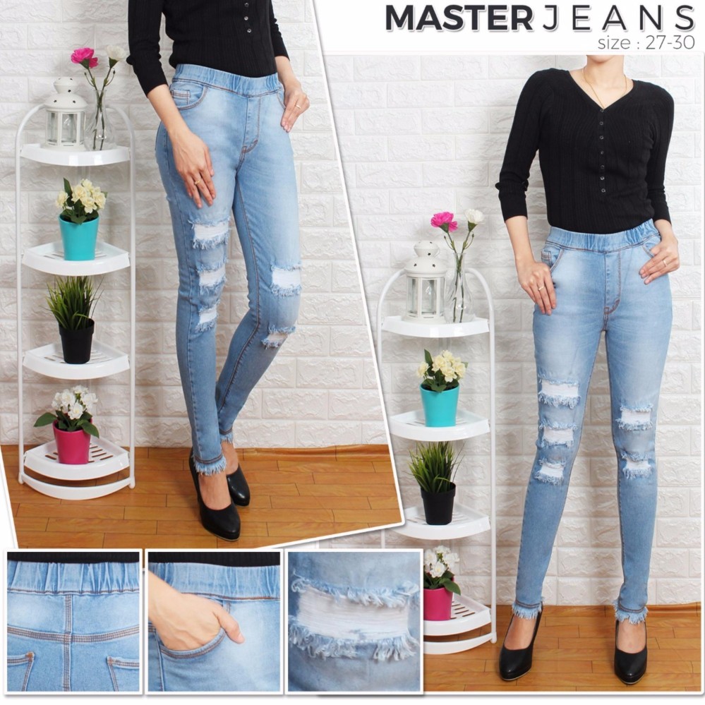 master jeans celana wanita sobek puring/karet pinggang
