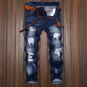 Mens High Quality Patch Jeans Ripped Jeans For Men Holes Pants Denim Trousers- Dark Blue - Intl Juli 2018 - 2 Mens high quality Patch Jeans ripped jeans for men holes pants denim trousers- Dark Blue - intl - 2