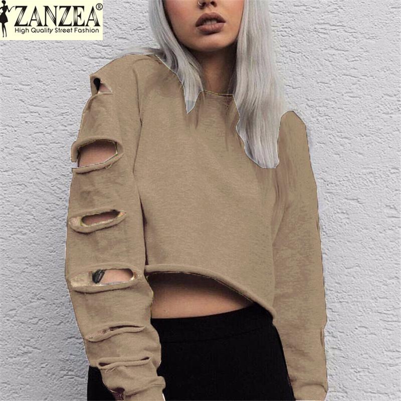 Musim Gugur Pullover ZANZEA Wanita Hoodie O Leher Lengan Panjang Atasan Kasual Melubangi Tanaman Longgar Sweatshirts (Khaki) -Intl