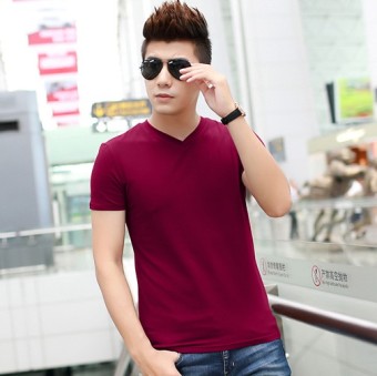 Gambar Musim panas peregangan Slim Jixin Ling v neck t shirt (Anggur merah)