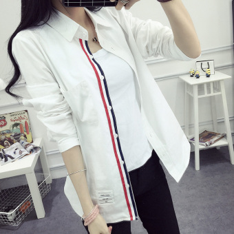 Versi Korea perempuan tipis longgar lengan panjang putih kemeja katun kemeja (Putih-saku rok