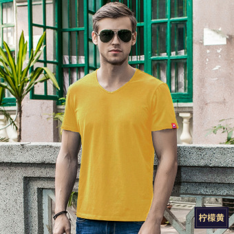 Gambar Nachuan kepribadian pria Burr v neck t shirt warna solid lengan pendek t shirt (Kuning TS212)