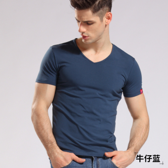 Gambar Nachuan laki laki v neck pemuda Slim bottoming kemeja t shirt (Denim biru)