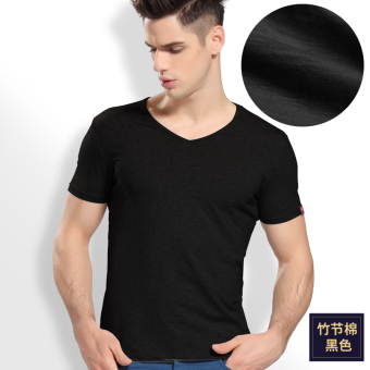 Gambar Nachuan laki laki v neck pemuda Slim bottoming kemeja t shirt (Hitam katun bambu)