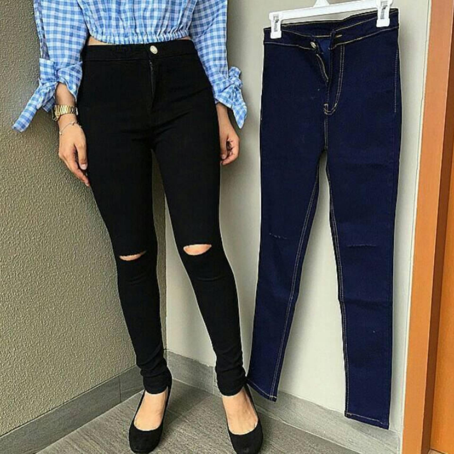 Nusantara Jeans - Celana Haigwaist Wanita Sepuser Model Silet Lutut Berbahan Denim - Hitam