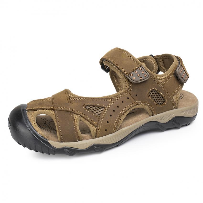 ... PATHFINDER Pria datar Kulit Sporty Velcro Slipper Sandal HikingSepatu ( Brown) ...
