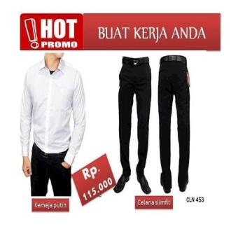 Gambar PROMO HEMAT! KEMEJA PANJANG PUTIH   HITAM + CELANA KERJA HITAM SLIMFIT