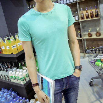 Gambar Putih musim panas pria Slim t shirt (Leher bulat hijau muda lengan pendek)