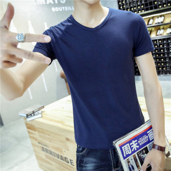 Gambar Putih musim panas pria Slim t shirt (V neck biru tua lengan pendek)