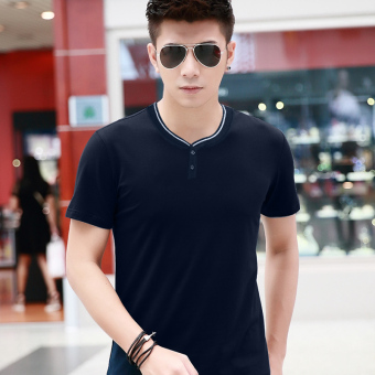 Gambar Sasaliya Korea Fashion Style Slim V neck Lengan Pendek T shirt (Biru tua) (Biru tua)