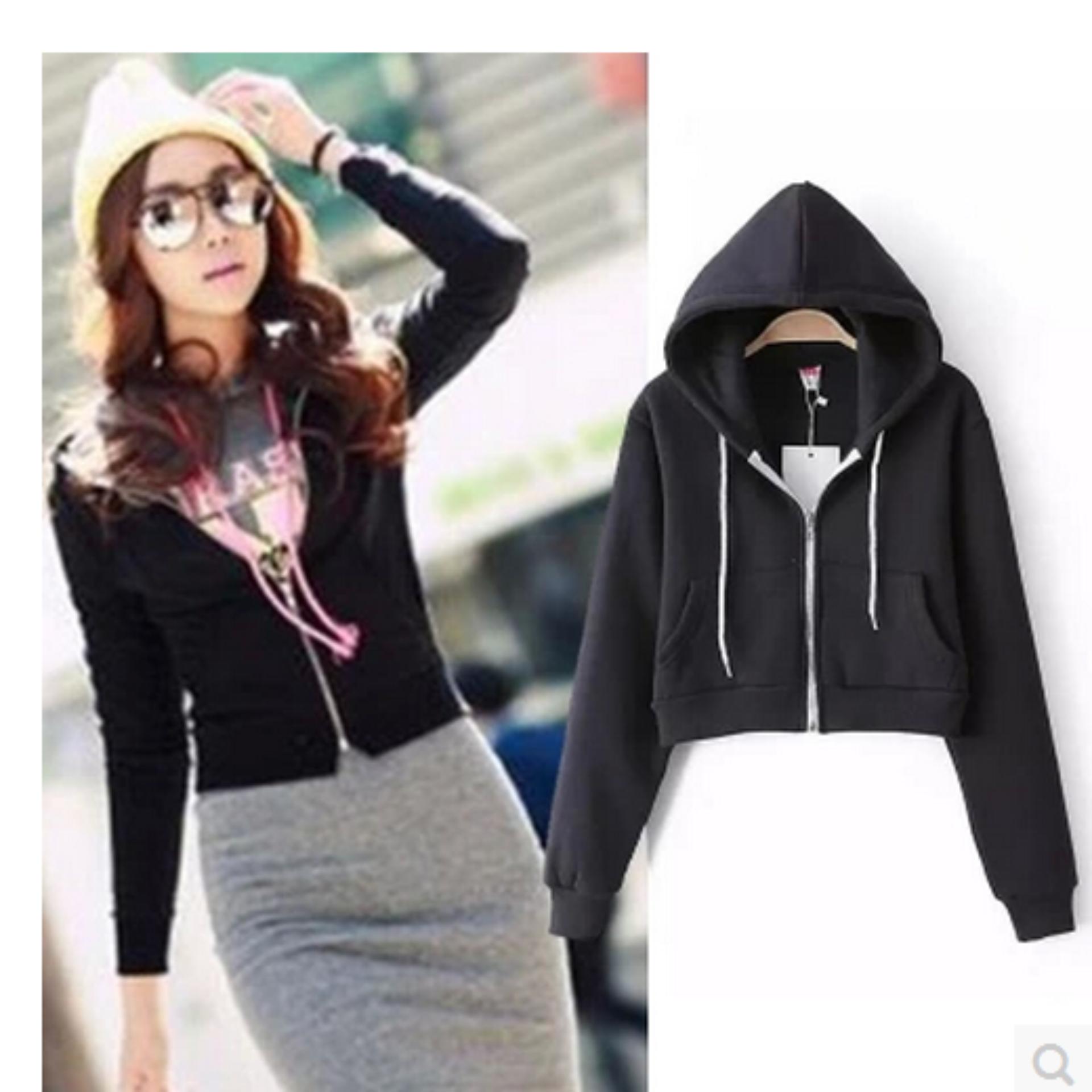SR Cloth Jaket Hoodie Crop Wanita [Hitam]