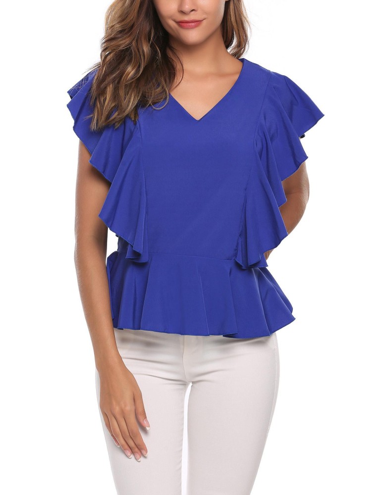 SuperCart Wanita Kasual V-Neck Sleeveless Padat Ruffle A-Line Lipit Hem Atasan Seksi Wanita (Pink)-Intl