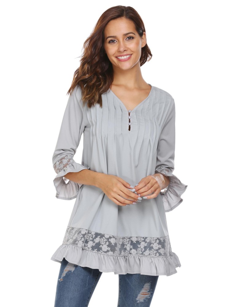 SuperCart Wanita Lengan Panjang Leher V Patchwork Bergeser Panjang T-Shirt Longgar Atasan Kasual (Abu-abu)-Intl