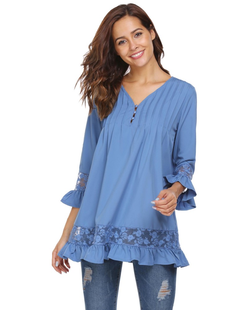 SuperCart Wanita Lengan Panjang Leher V Patchwork Bergeser Panjang T-Shirt Longgar Atasan Kasual (Biru)-Intl